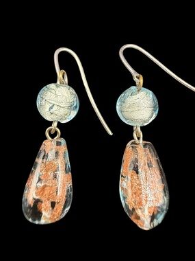 Glass Teardrop Dangle Earrings in Copper Blue